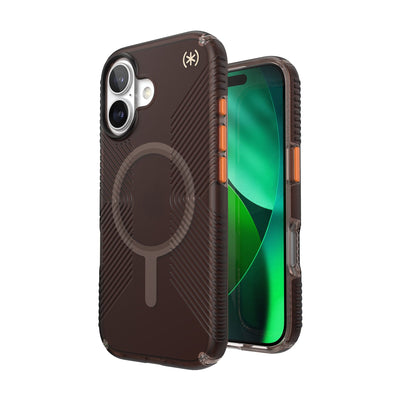 Three-quarter view of back of phone case with phone inside shown over top of front view of phone case with phone inside#color_luxury-shade-matte-orange