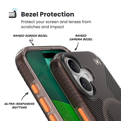 Raised bezels around phone screen and camera are highlighted. Text reads Bezel Protectection: Protect your screen and lenses from scratches and impact; Raised screen bezel; Raised camera bezel; Ultra-responsive buttons#color_luxury-shade-matte-orange