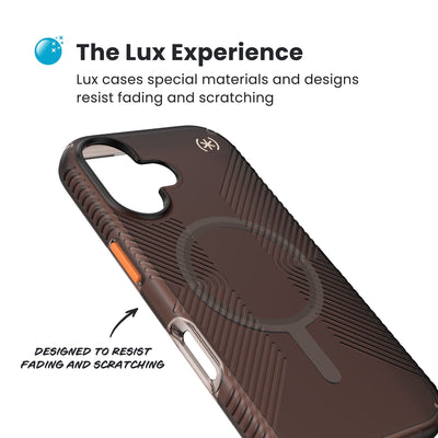 Close-up of grips on the back and side of a phone case. Text reads No-Slip Grips: Innovated no-slip inverted grips provide improved hold; Get a grip!#color_luxury-shade-matte-orange