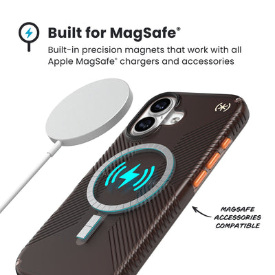 A MagSafe charger hovers over the back of the phone case. Text reads Built for MagSafe: Built-in precision magnets that work with all Apple MagSafe chargers and accessories; MagSafe accessories compatible#color_luxury-shade-matte-orange