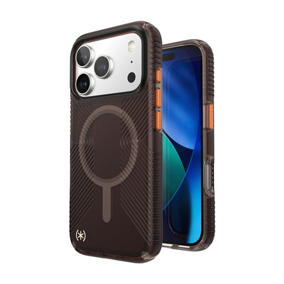 Three-quarter view of back of phone case with phone inside shown over top of front view of phone case with phone inside#color_luxury-shade-matte-orange