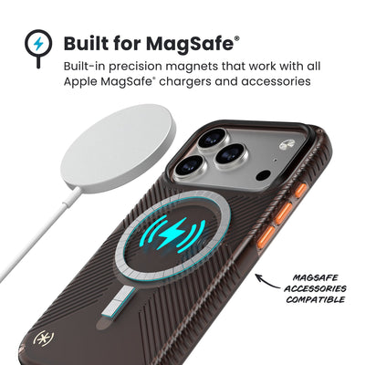 A MagSafe charger hovers over the back of the phone case. Text reads Built for MagSafe: Built-in precision magnets that work with all Apple MagSafe chargers and accessories; MagSafe accessories compatible#color_luxury-shade-matte-orange