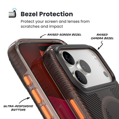 Raised bezels around phone screen and camera are highlighted. Text reads Bezel Protectection: Protect your screen and lenses from scratches and impact; Raised screen bezel; Raised camera bezel; Ultra-responsive buttons#color_luxury-shade-matte-orange