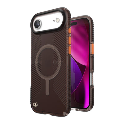 Three-quarter view of back of phone case with phone inside shown over top of front view of phone case with phone inside#color_luxury-shade-matte-orange
