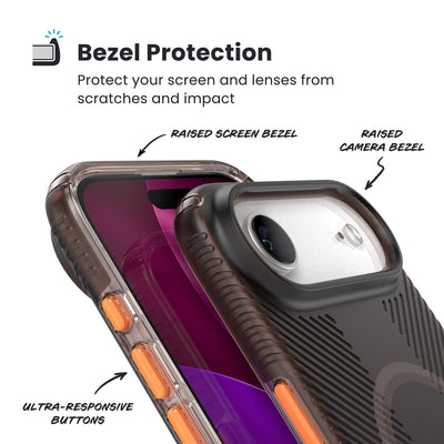 Raised bezels around phone screen and camera are highlighted. Text reads Bezel Protectection: Protect your screen and lenses from scratches and impact; Raised screen bezel; Raised camera bezel; Ultra-responsive buttons#color_luxury-shade-matte-orange