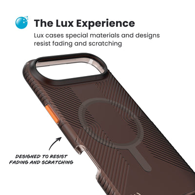 Close-up of grips on the back and side of a phone case. Text reads No-Slip Grips: Innovated no-slip inverted grips provide improved hold; Get a grip!#color_luxury-shade-matte-orange