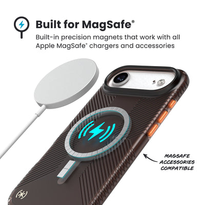 A MagSafe charger hovers over the back of the phone case. Text reads Built for MagSafe: Built-in precision magnets that work with all Apple MagSafe chargers and accessories; MagSafe accessories compatible#color_luxury-shade-matte-orange