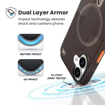 A corner of the case impacts the ground - a diagram shows interior cushion of phone before impact and on impact. Text reads Dual Layer Armor: Impact technology absorbs shock and cushions phone; 13-foot drop tested#color_luxury-shade-matte-orange