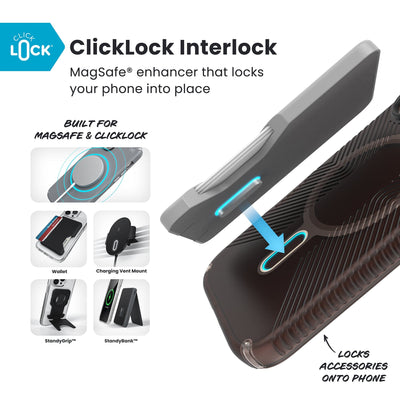 A ClickLock Wallet accessory hovers over the back of the phone case with interlock bolt extended and arrow pointing to bolt receptacle in case. Various Speck ClickLock accessories are also shown. Text reads ClickLock Interlock: MagSafe enhancer that locks your phone into place; Built for MagSafe and ClickLock; Locks Speck ClickLock accessories onto phone#color_luxury-shade-matte-orange