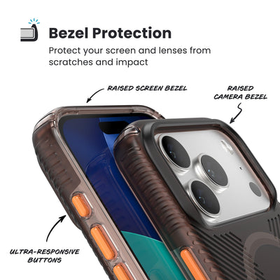 Raised bezels around phone screen and camera are highlighted. Text reads Bezel Protectection: Protect your screen and lenses from scratches and impact; Raised screen bezel; Raised camera bezel; Ultra-responsive buttons#color_luxury-shade-matte-orange