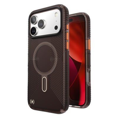 Three-quarter view of back of phone case with phone inside shown over top of front view of phone case with phone inside#color_luxury-shade-matte-orange