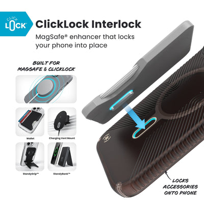 A ClickLock Wallet accessory hovers over the back of the phone case with interlock bolt extended and arrow pointing to bolt receptacle in case. Various Speck ClickLock accessories are also shown. Text reads ClickLock Interlock: MagSafe enhancer that locks your phone into place; Built for MagSafe and ClickLock; Locks Speck ClickLock accessories onto phone#color_luxury-shade-matte-orange