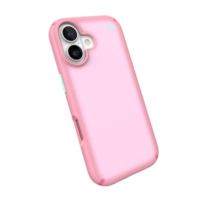 Tilted slight perspective view of back of phone case with phone inside#color_ibis-pink-dark-ibis-kanom-green