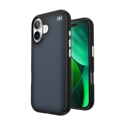 Three-quarter view of back of phone case with phone inside shown over top of front view of phone case with phone inside#color_black-fade-slate-grey-white