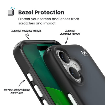 Raised bezels around phone screen and camera are highlighted. Text reads Bezel Protectection: Protect your screen and lenses from scratches and impact; Raised screen bezel; Raised camera bezel; Ultra-responsive buttons#color_black-fade-slate-grey-white