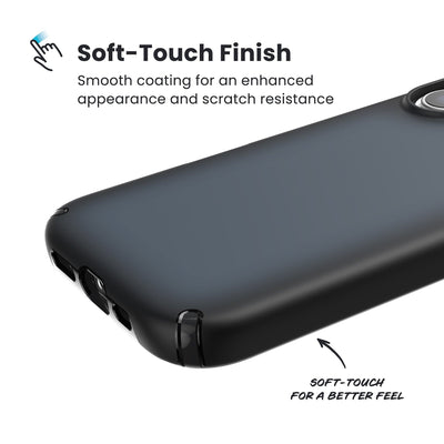 Close-up of the smooth exterior of the back and side of a phone case. Text reads Soft-Touch Finish: Smooth coating for an enhanced appearance and scratch resistance; Soft-touch for a better feel#color_black-fade-slate-grey-white