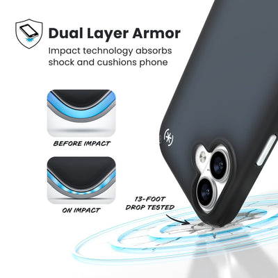 A corner of the case impacts the ground - a diagram shows interior cushion of phone before impact and on impact. Text reads Dual Layer Armor: Impact technology absorbs shock and cushions phone; 13-foot drop tested#color_black-fade-slate-grey-white