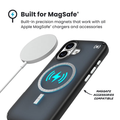 A MagSafe charger hovers over the back of the phone case. Text reads Built for MagSafe: Built-in precision magnets that work with all Apple MagSafe chargers and accessories; MagSafe accessories compatible#color_black-fade-slate-grey-white