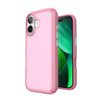 Three-quarter view of back of phone case with phone inside shown over top of front view of phone case with phone inside#color_ibis-pink-dark-ibis-kanom-green