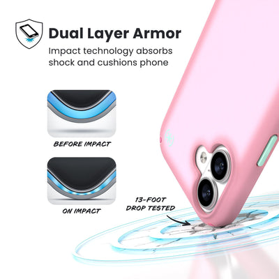 A corner of the case impacts the ground - a diagram shows interior cushion of phone before impact and on impact. Text reads Dual Layer Armor: Impact technology absorbs shock and cushions phone; 13-foot drop tested#color_ibis-pink-dark-ibis-kanom-green