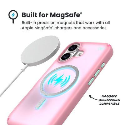 A MagSafe charger hovers over the back of the phone case. Text reads Built for MagSafe: Built-in precision magnets that work with all Apple MagSafe chargers and accessories; MagSafe accessories compatible#color_ibis-pink-dark-ibis-kanom-green