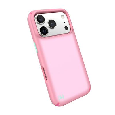 Tilted slight perspective view of back of phone case with phone inside#color_ibis-pink-dark-ibis-kanom-green