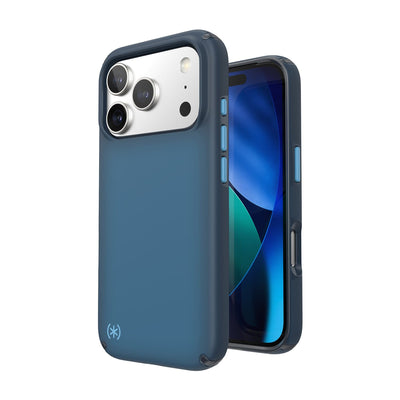 Three-quarter view of back of phone case with phone inside shown over top of front view of phone case with phone inside#color_deep-sea-fade-black-spell-blue