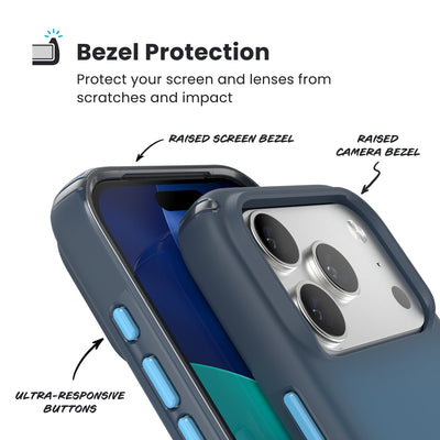 Raised bezels around phone screen and camera are highlighted. Text reads Bezel Protectection: Protect your screen and lenses from scratches and impact; Raised screen bezel; Raised camera bezel; Ultra-responsive buttons#color_deep-sea-fade-black-spell-blue