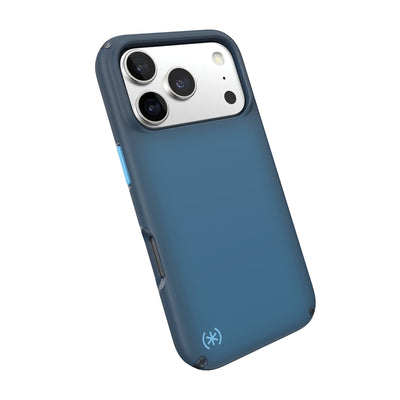 Tilted slight perspective view of back of phone case with phone inside#color_deep-sea-fade-black-spell-blue