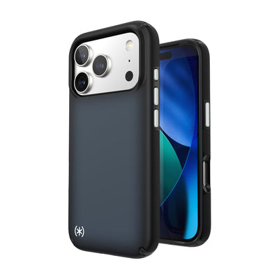 Three-quarter view of back of phone case with phone inside shown over top of front view of phone case with phone inside#color_black-fade-slate-grey-white