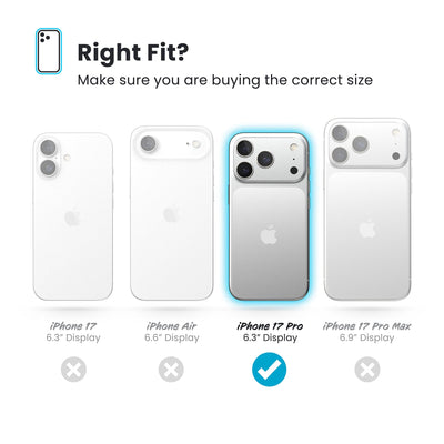 All four phones are shown; the iPhone 17 Pro 6.3-inch display is highlighted. Text reads Right fit? Make sure you are buying the correct size#color_black-fade-slate-grey-white