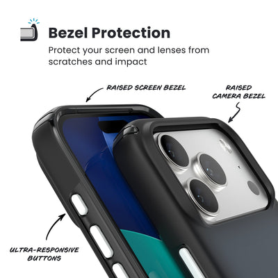 Raised bezels around phone screen and camera are highlighted. Text reads Bezel Protectection: Protect your screen and lenses from scratches and impact; Raised screen bezel; Raised camera bezel; Ultra-responsive buttons#color_black-fade-slate-grey-white