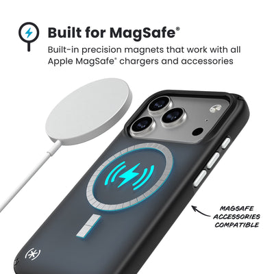 A MagSafe charger hovers over the back of the phone case. Text reads Built for MagSafe: Built-in precision magnets that work with all Apple MagSafe chargers and accessories; MagSafe accessories compatible#color_black-fade-slate-grey-white