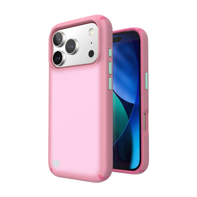 Three-quarter view of back of phone case with phone inside shown over top of front view of phone case with phone inside#color_ibis-pink-dark-ibis-kanom-green