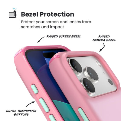 Raised bezels around phone screen and camera are highlighted. Text reads Bezel Protectection: Protect your screen and lenses from scratches and impact; Raised screen bezel; Raised camera bezel; Ultra-responsive buttons#color_ibis-pink-dark-ibis-kanom-green