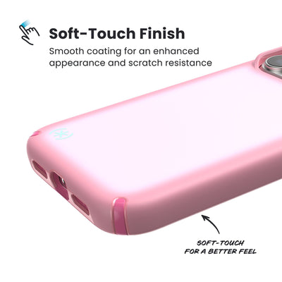 Close-up of the smooth exterior of the back and side of a phone case. Text reads Soft-Touch Finish: Smooth coating for an enhanced appearance and scratch resistance; Soft-touch for a better feel#color_ibis-pink-dark-ibis-kanom-green
