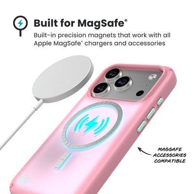 A MagSafe charger hovers over the back of the phone case. Text reads Built for MagSafe: Built-in precision magnets that work with all Apple MagSafe chargers and accessories; MagSafe accessories compatible#color_ibis-pink-dark-ibis-kanom-green