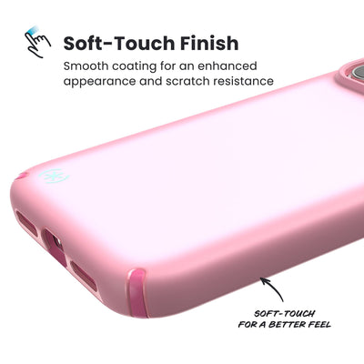 Close-up of the smooth exterior of the back and side of a phone case. Text reads Soft-Touch Finish: Smooth coating for an enhanced appearance and scratch resistance; Soft-touch for a better feel#color_ibis-pink-dark-ibis-kanom-green
