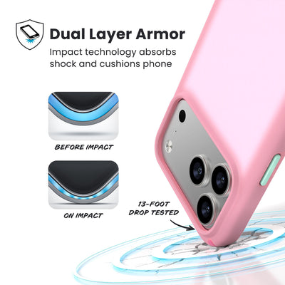 A corner of the case impacts the ground - a diagram shows interior cushion of phone before impact and on impact. Text reads Dual Layer Armor: Impact technology absorbs shock and cushions phone; 13-foot drop tested#color_ibis-pink-dark-ibis-kanom-green