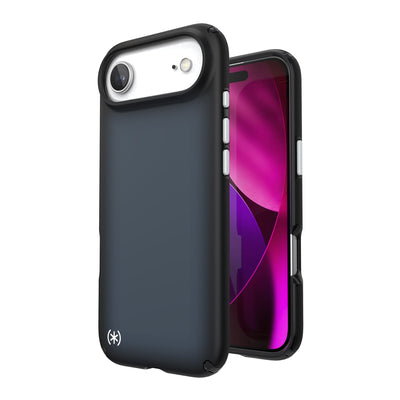 Three-quarter view of back of phone case with phone inside shown over top of front view of phone case with phone inside#color_black-fade-slate-grey-white