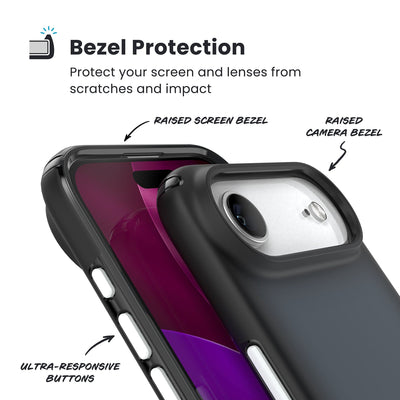 Raised bezels around phone screen and camera are highlighted. Text reads Bezel Protectection: Protect your screen and lenses from scratches and impact; Raised screen bezel; Raised camera bezel; Ultra-responsive buttons#color_black-fade-slate-grey-white