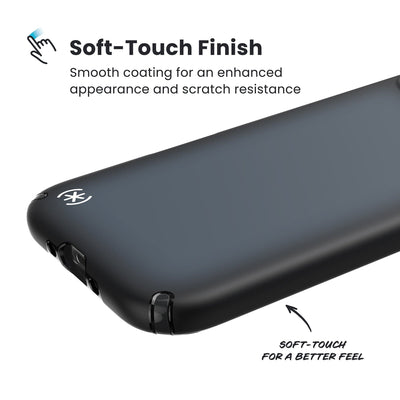 Close-up of the smooth exterior of the back and side of a phone case. Text reads Soft-Touch Finish: Smooth coating for an enhanced appearance and scratch resistance; Soft-touch for a better feel#color_black-fade-slate-grey-white