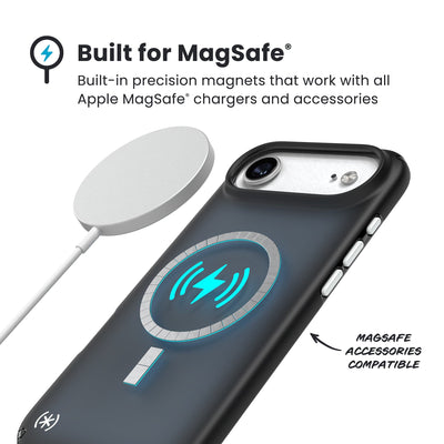 A MagSafe charger hovers over the back of the phone case. Text reads Built for MagSafe: Built-in precision magnets that work with all Apple MagSafe chargers and accessories; MagSafe accessories compatible#color_black-fade-slate-grey-white