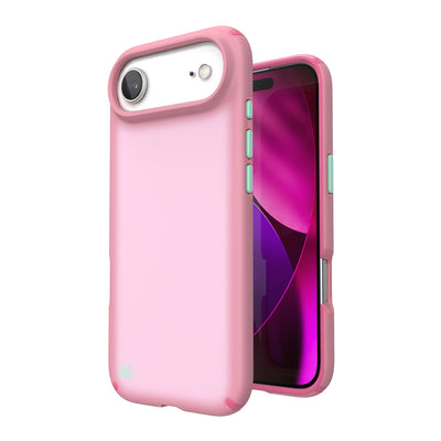 Three-quarter view of back of phone case with phone inside shown over top of front view of phone case with phone inside#color_ibis-pink-dark-ibis-kanom-green