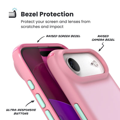 Raised bezels around phone screen and camera are highlighted. Text reads Bezel Protectection: Protect your screen and lenses from scratches and impact; Raised screen bezel; Raised camera bezel; Ultra-responsive buttons#color_ibis-pink-dark-ibis-kanom-green