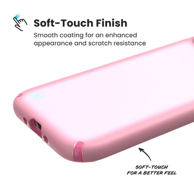 Close-up of the smooth exterior of the back and side of a phone case. Text reads Soft-Touch Finish: Smooth coating for an enhanced appearance and scratch resistance; Soft-touch for a better feel#color_ibis-pink-dark-ibis-kanom-green
