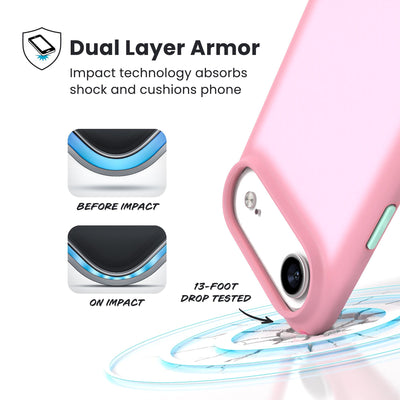 A corner of the case impacts the ground - a diagram shows interior cushion of phone before impact and on impact. Text reads Dual Layer Armor: Impact technology absorbs shock and cushions phone; 13-foot drop tested#color_ibis-pink-dark-ibis-kanom-green