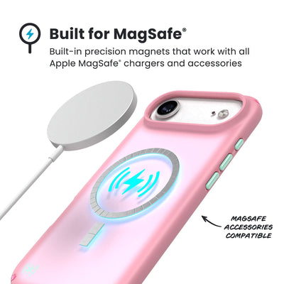 A MagSafe charger hovers over the back of the phone case. Text reads Built for MagSafe: Built-in precision magnets that work with all Apple MagSafe chargers and accessories; MagSafe accessories compatible#color_ibis-pink-dark-ibis-kanom-green