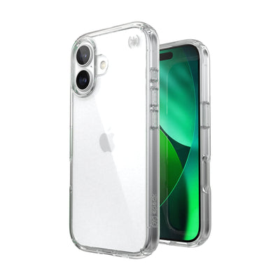 Three-quarter view of back of phone case with phone inside shown over top of front view of phone case with phone inside#color_clear