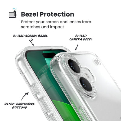 Raised bezels around phone screen and camera are highlighted. Text reads Bezel Protectection: Protect your screen and lenses from scratches and impact; Raised screen bezel; Raised camera bezel; Ultra-responsive buttons#color_clear